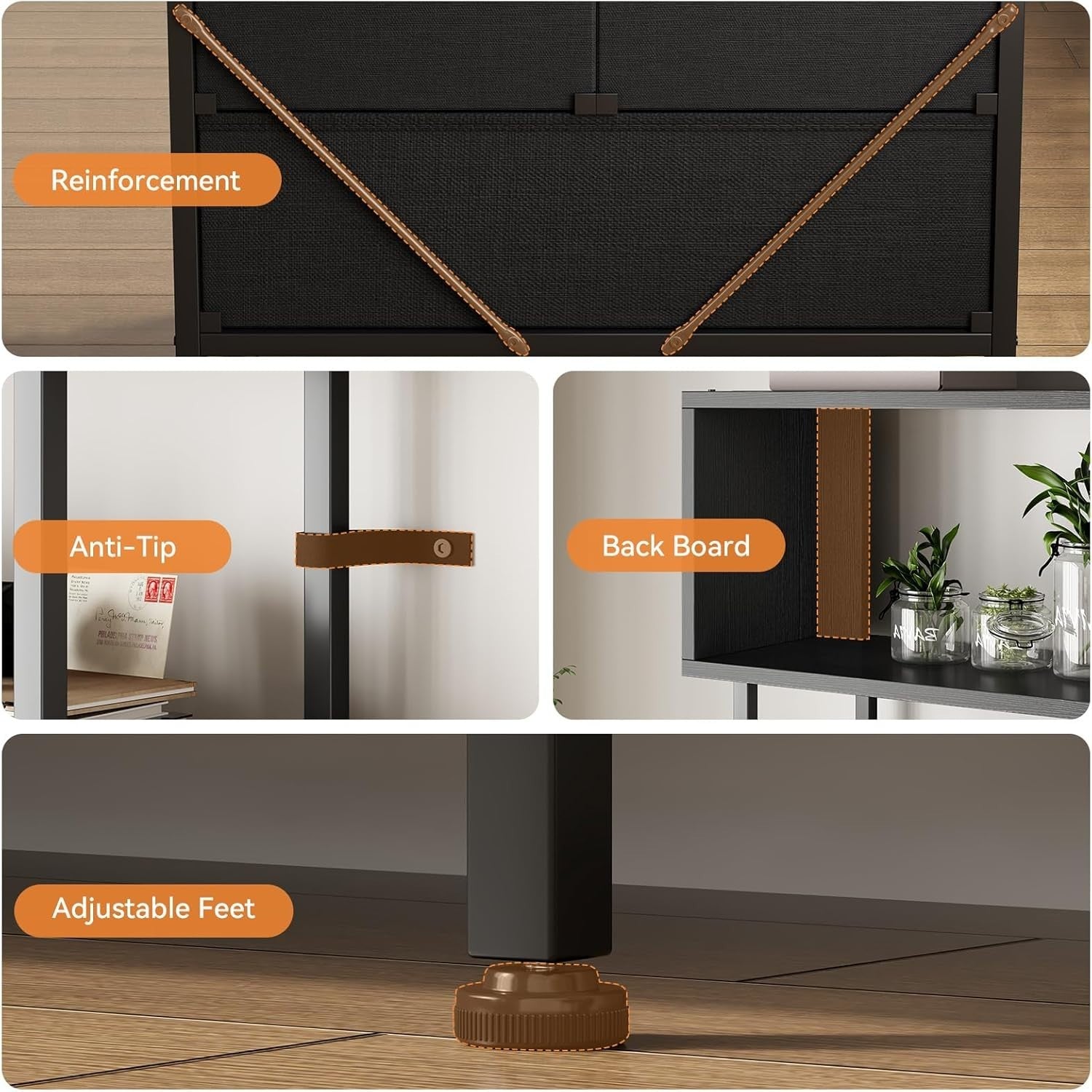 5 Tier Black Bookcase with 3 Fabric Drawers Metal Frame Storage Shelf 155cm