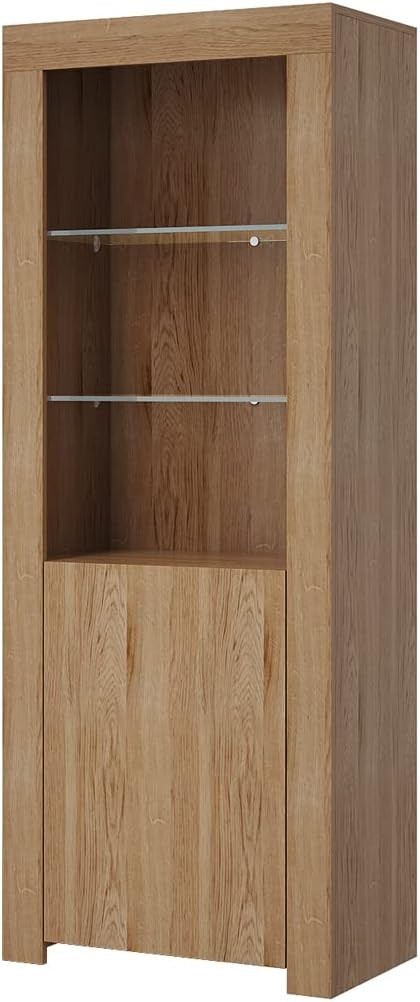 Tall Oak Display Cabinet Glass Shelves LED Light Modern Storage Unit