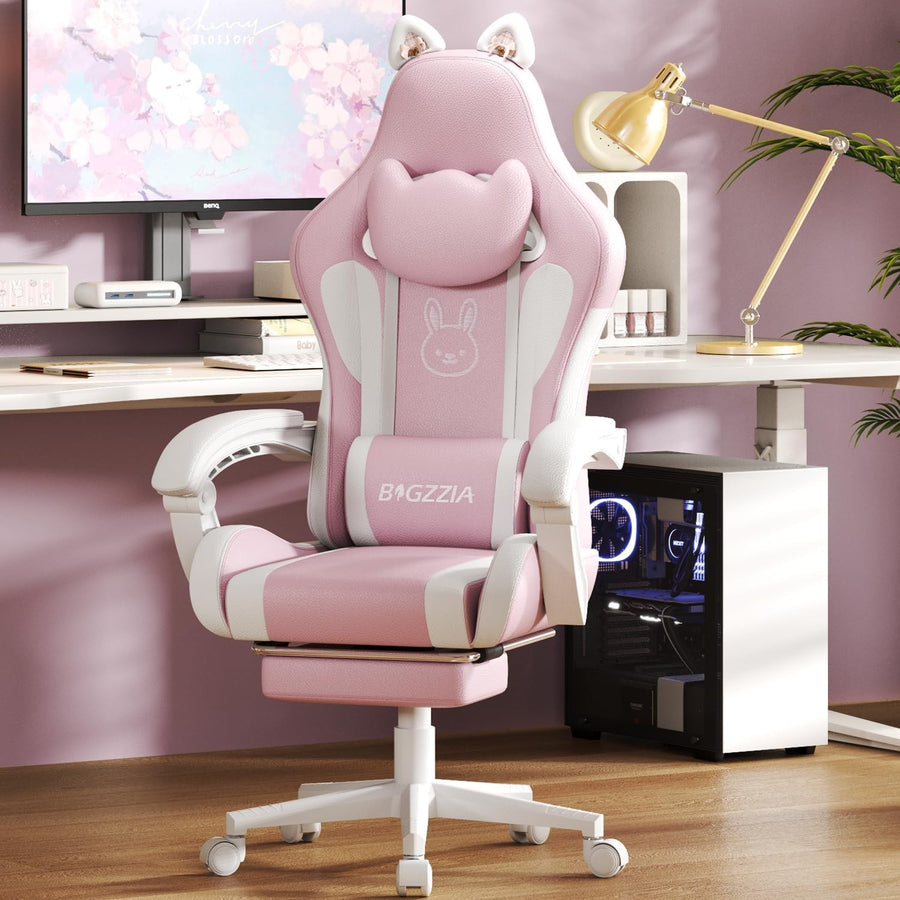 Pink Gaming Chair Cat Ears Massage Lumbar Recliner