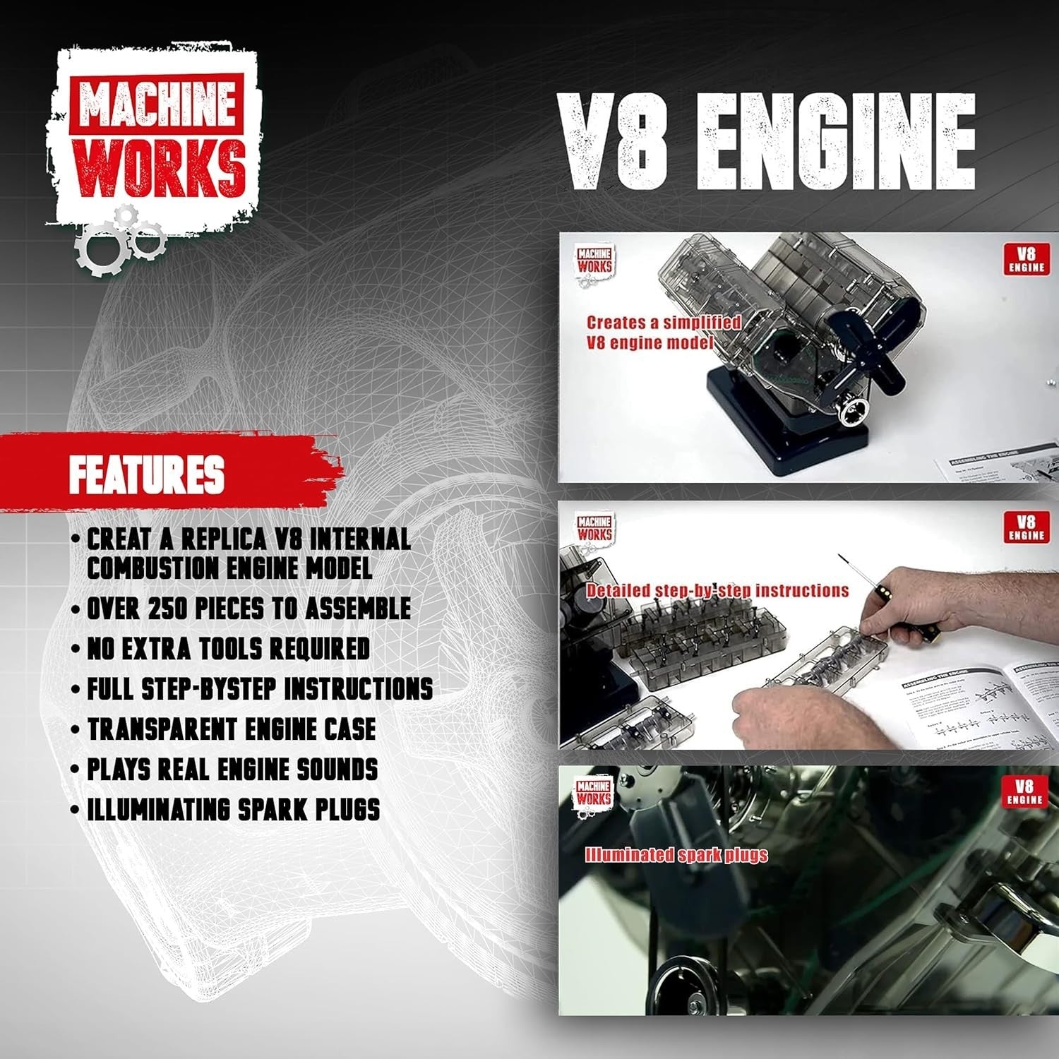 Build Your Own V8 Engine Model Kit – 250+ Parts, AR, Sound & Lights, Ages 10+
