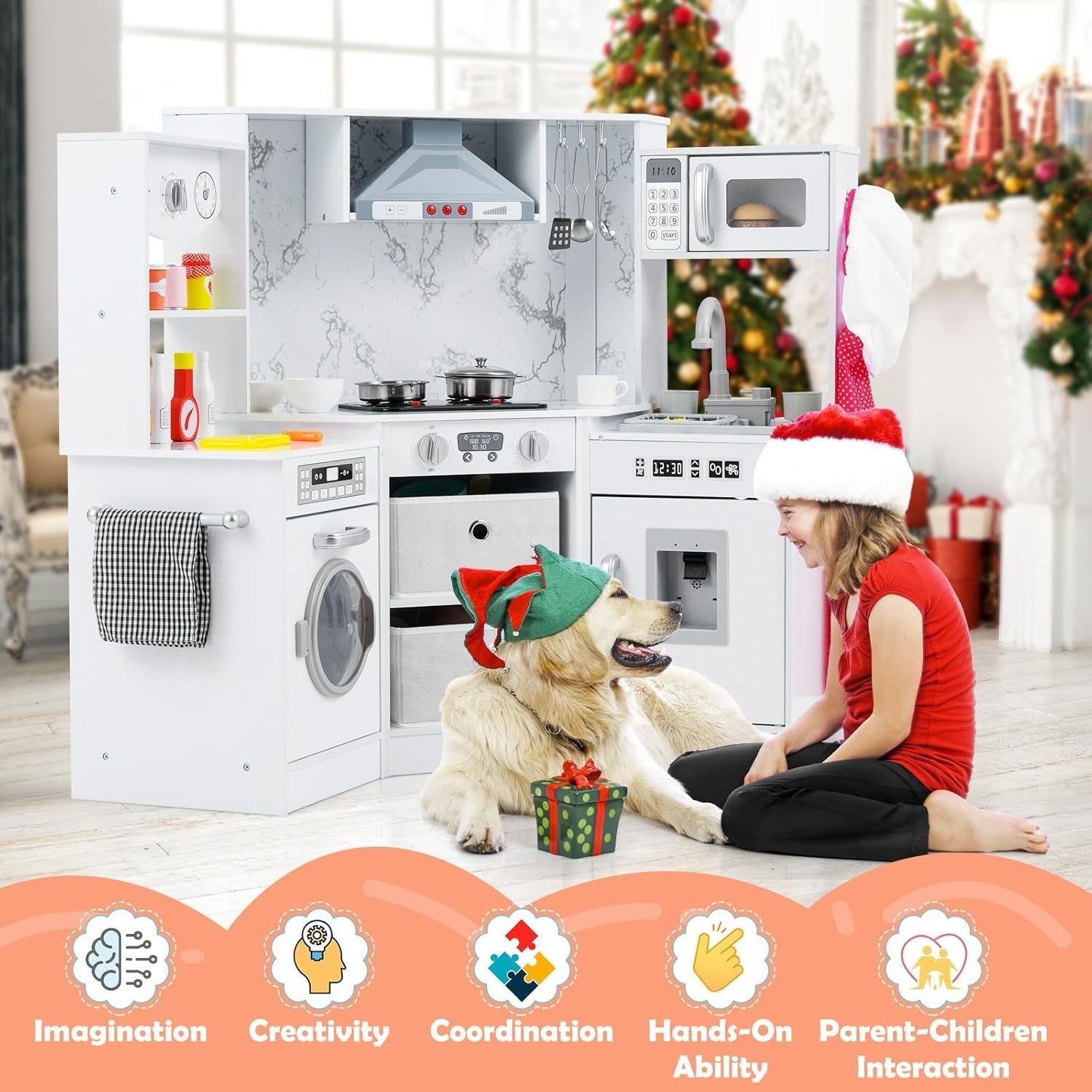 Corner Kids Play Kitchen White w/ Lights Sounds Running Water Set