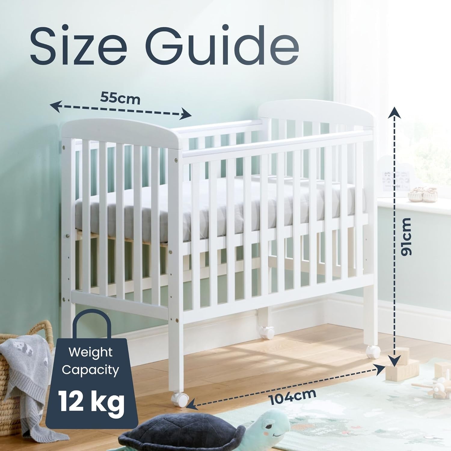 Space Saver Baby Cot Bed Adjustable Height with Wheels White Compact Crib White