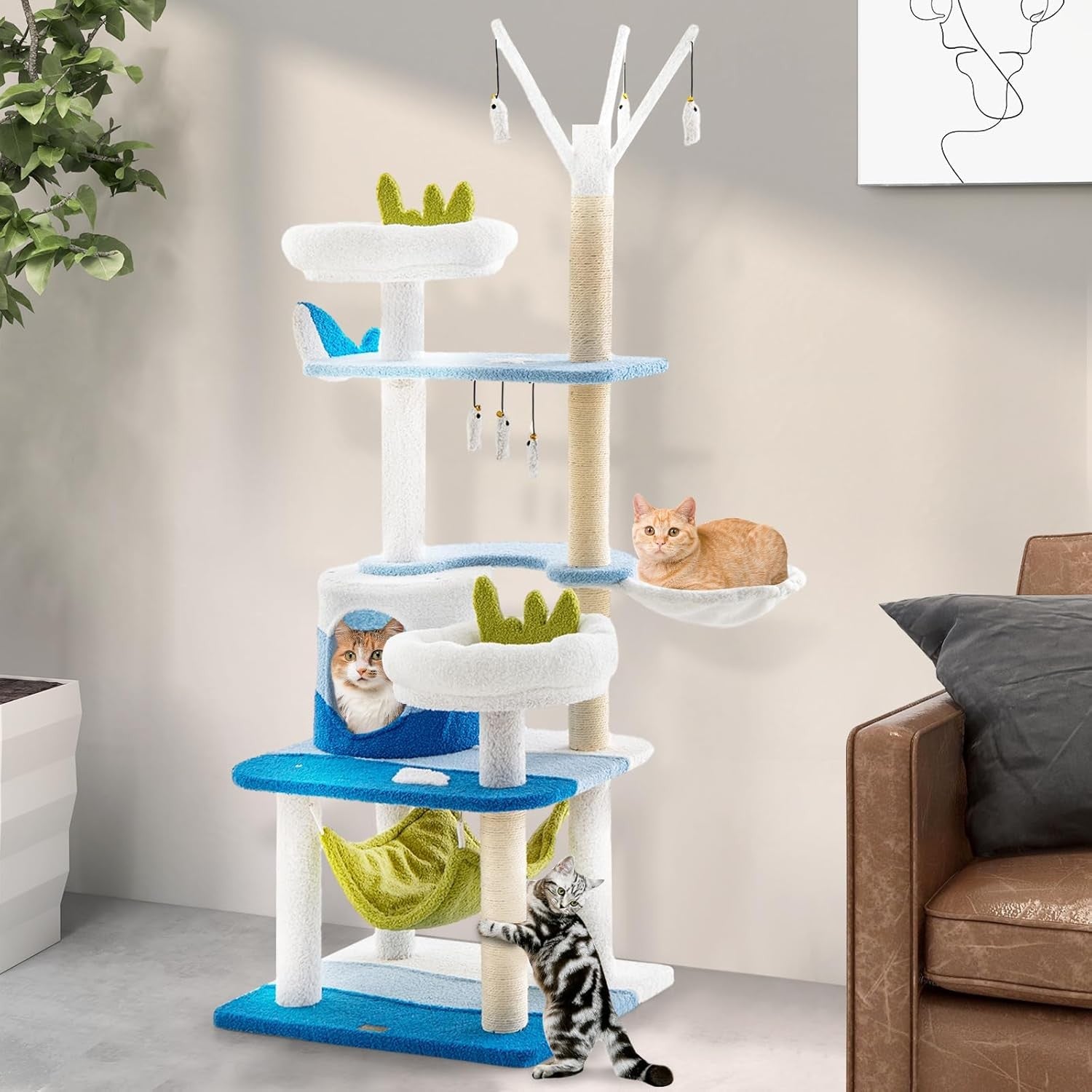 165cm Blue White Cat Tree Multi-Level Condo Hammock Sisal Scratching Tower