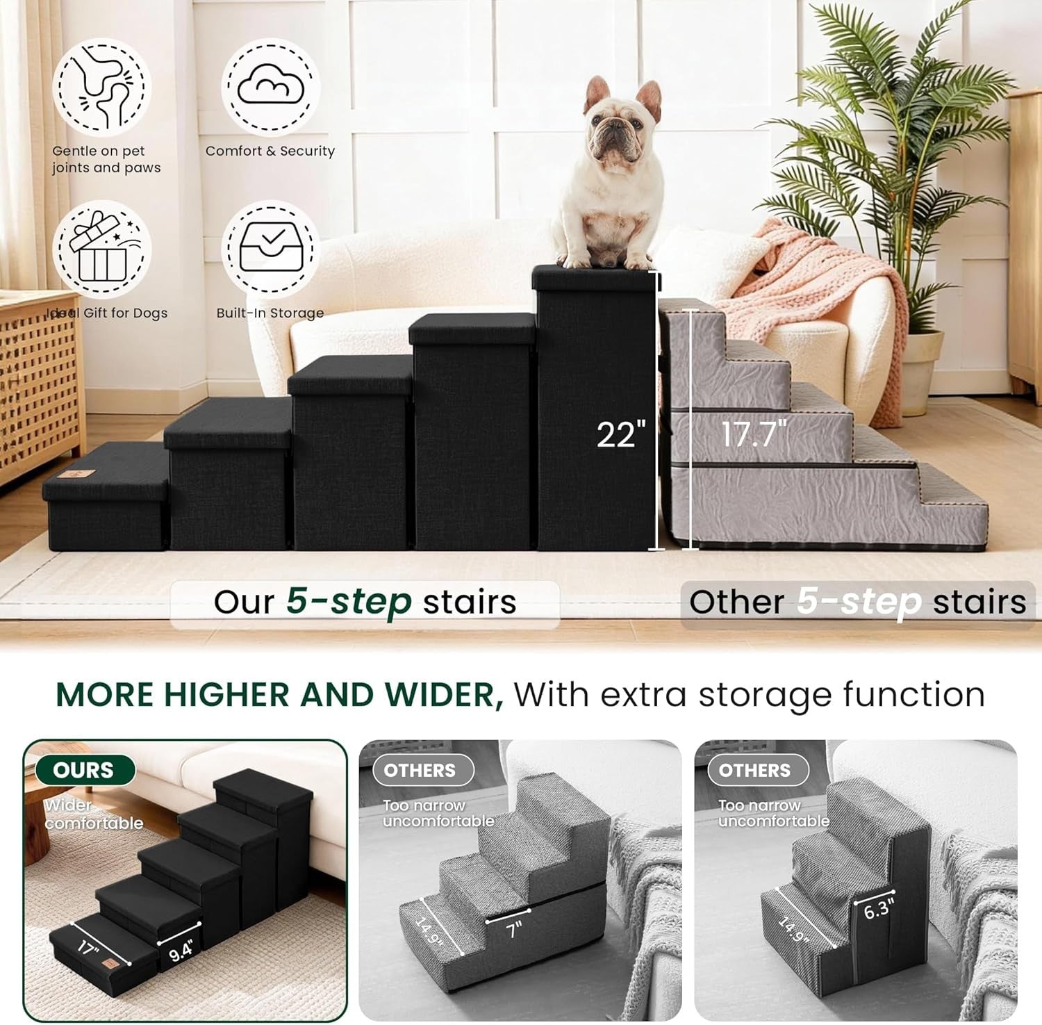 5 Step Dog Stairs with Storage Foldable Pet Steps 22" High 200lb