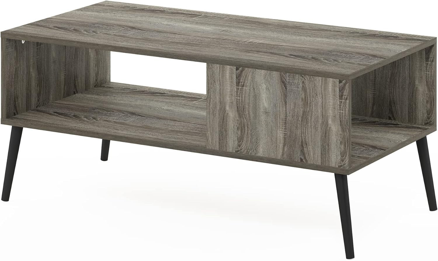 Mid Century Coffee Table with Wood Legs & 3 Open Shelves – 100x50cm Storage