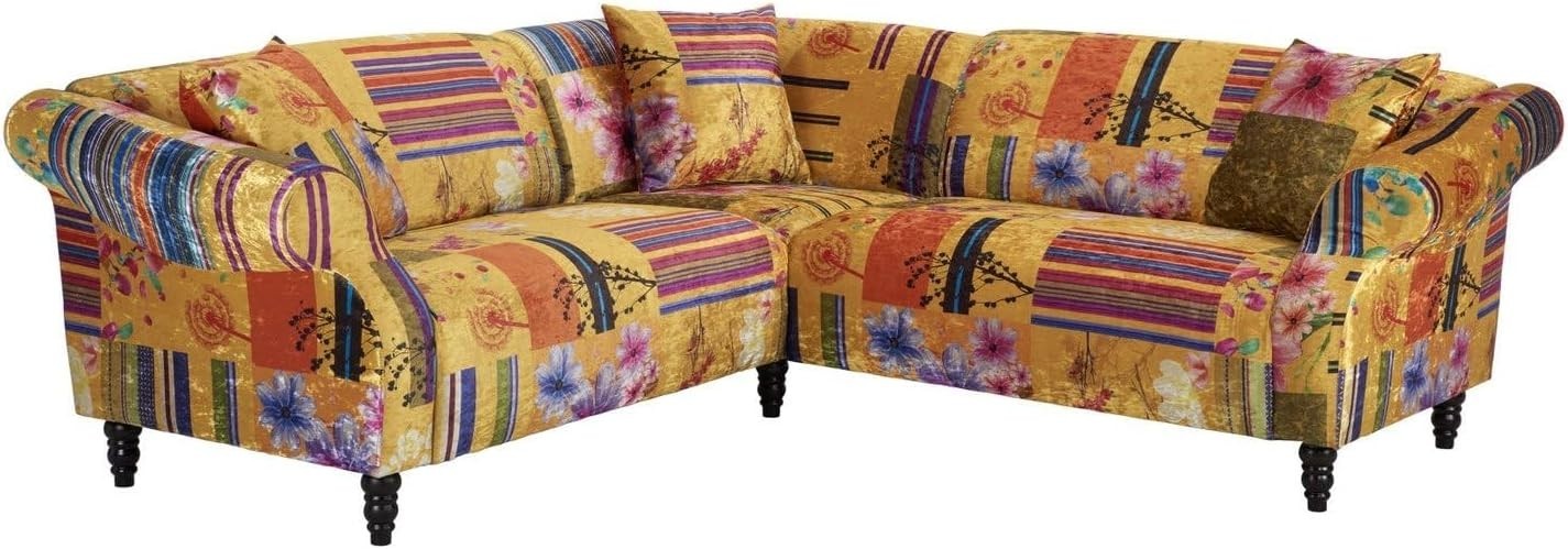 Vibrant Multicolour 5-Seater L Shaped Corner Sofa with Plush Velvet & Cushions