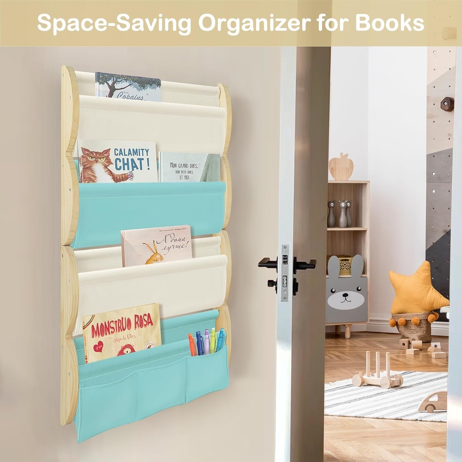 4-Tier Wall Mounted Kids Bookshelf with Fabric Sling & 3 Pockets, Blue