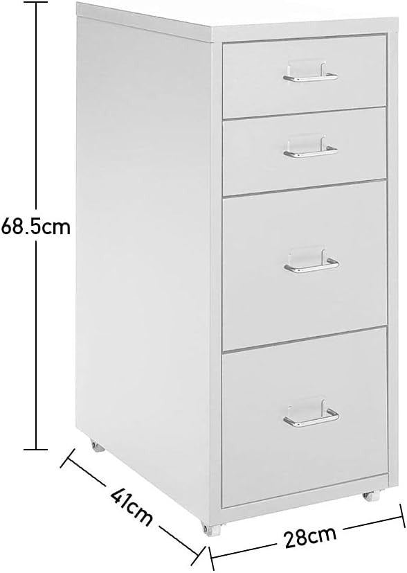Silver White Mobile Filing Cabinet 4 Drawer 68cm Rolling Office