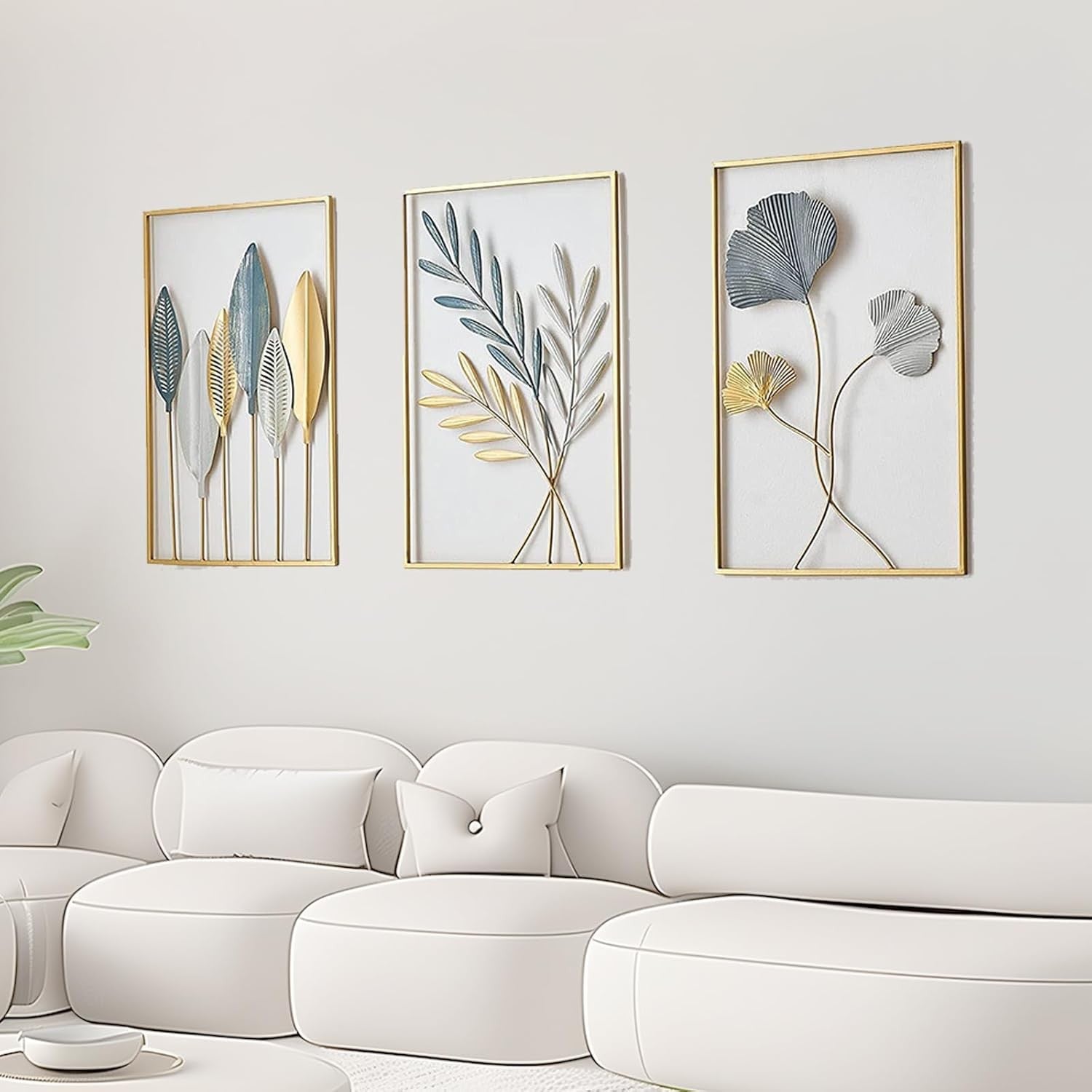 Gold Metal Leaf Wall Art Set 3Pcs Modern 30x40cm