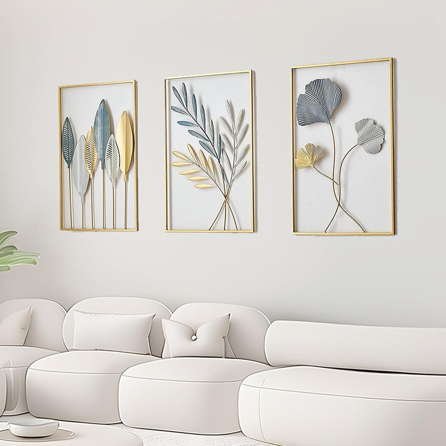 Gold Metal Leaf Wall Art Set 3Pcs Modern 30x40cm