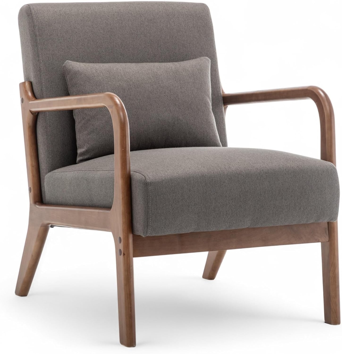 Dark Grey Linen Armchair w/ Lumbar Cushion – Small Wooden Accent Chair