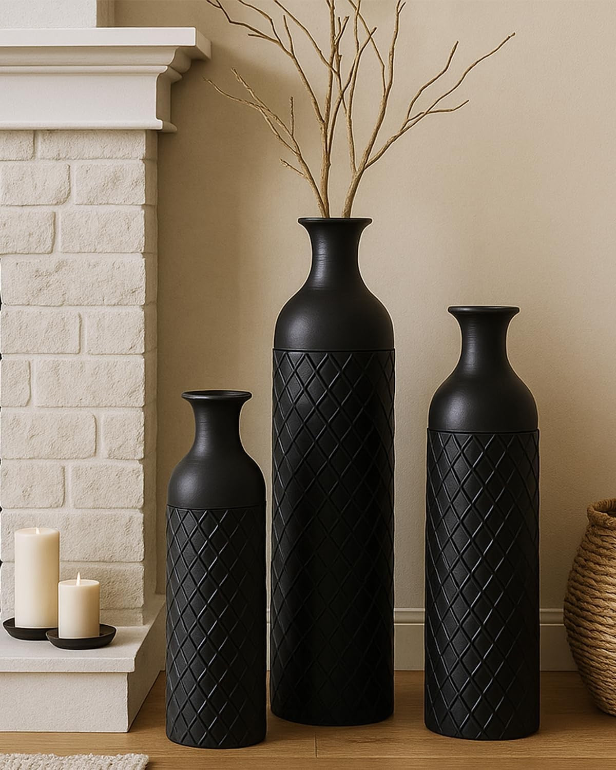 Tall Black Metal Floor Vases Set of 3 Modern Standing Home Decor