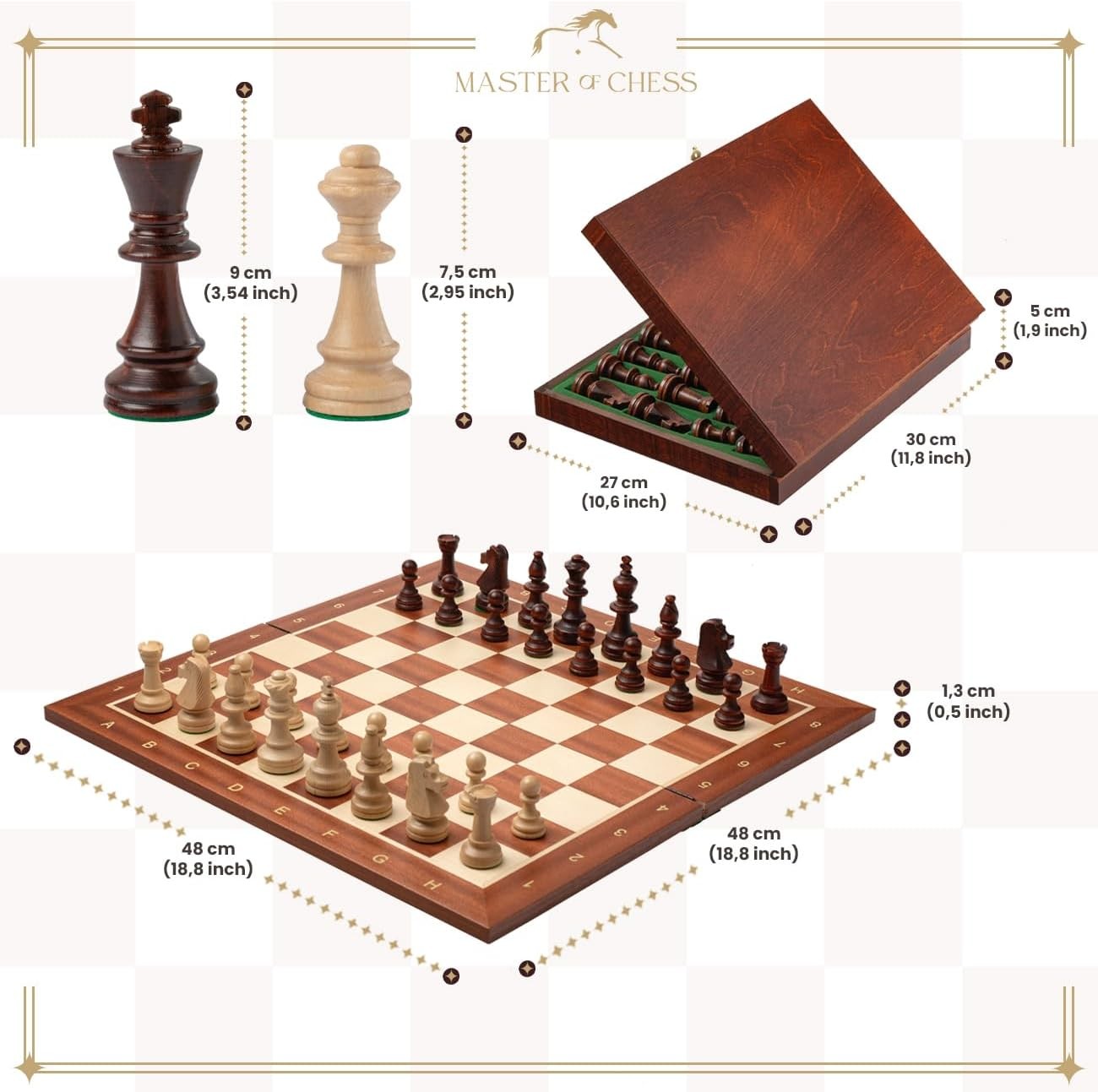 48cm Inlaid Wooden Chess Set with Weighted Staunton Pieces & Storage Box