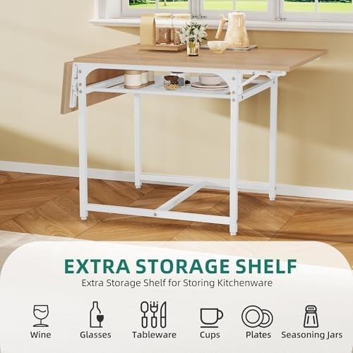 Yellow Oak Folding Dining Table Drop Leaf with Storage 120cm