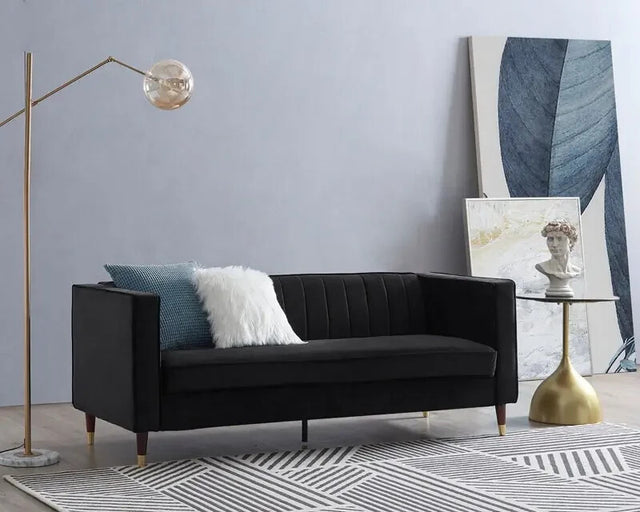3 Seater Black Velvet Sofa Ribbed Back UKFR Modern Luxury Lounge Couch