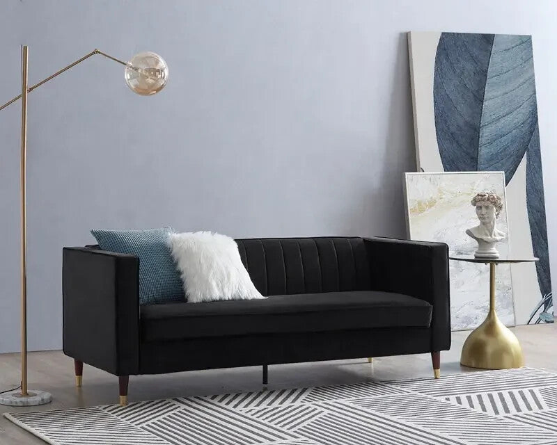 3 Seater Black Velvet Sofa Ribbed Back UKFR Modern Luxury Lounge Couch