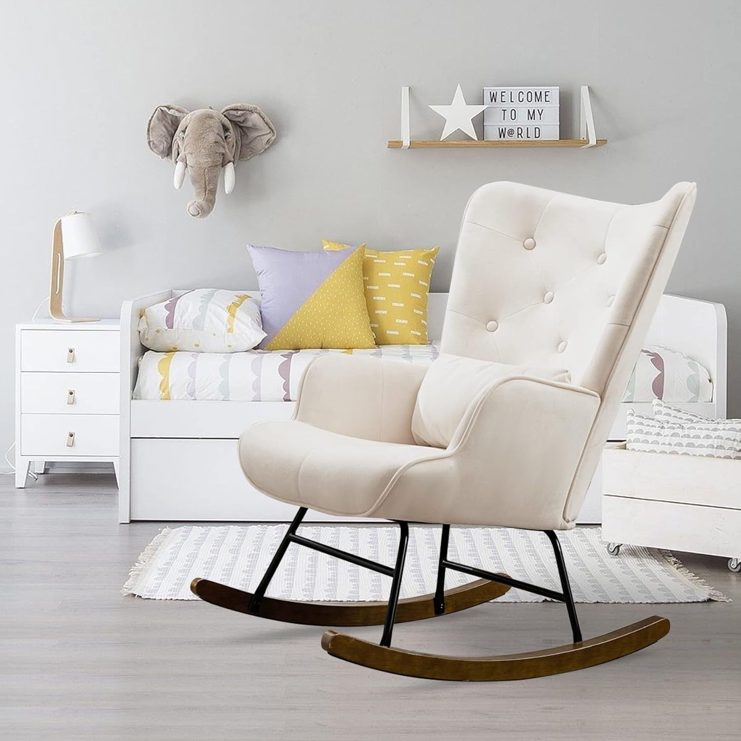 Velvet Rocking Chair for Nursery & Living Room – Soft Cushions, Wood Legs