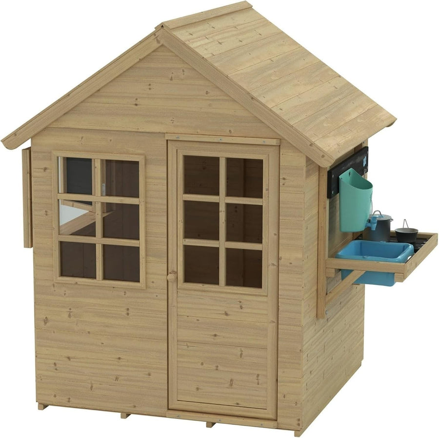 Wooden Kids Playhouse Outdoor Cottage w Mud Kitchen Shutters Garden