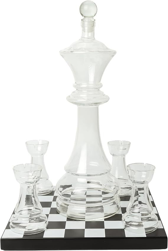 Glass Chess Decanter Set with Rook Shot Glasses & Chessboard Base Gift Set