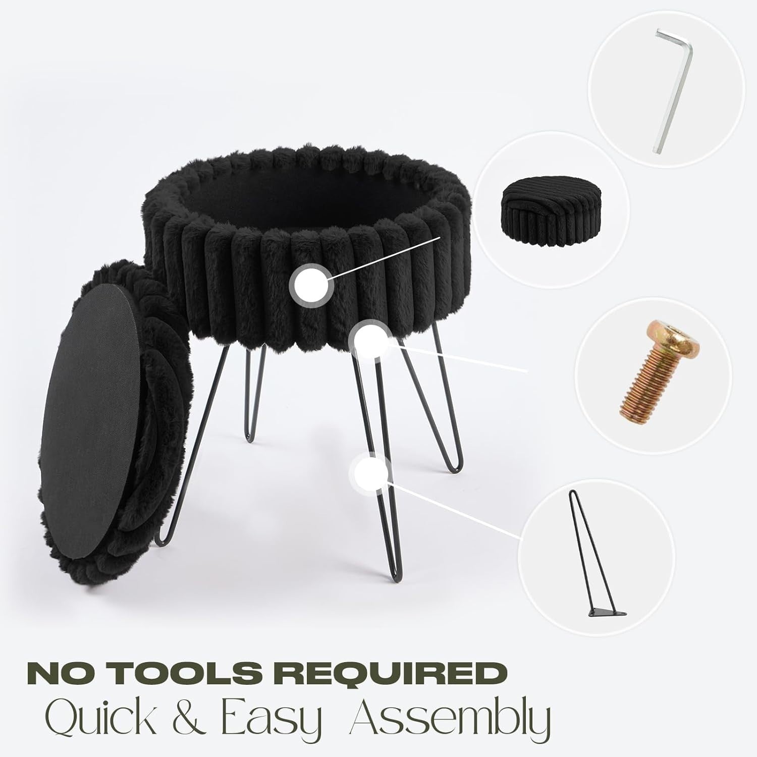 Black Faux Fur Storage Stool Round Footrest Hairpin Leg Ottoman Seat