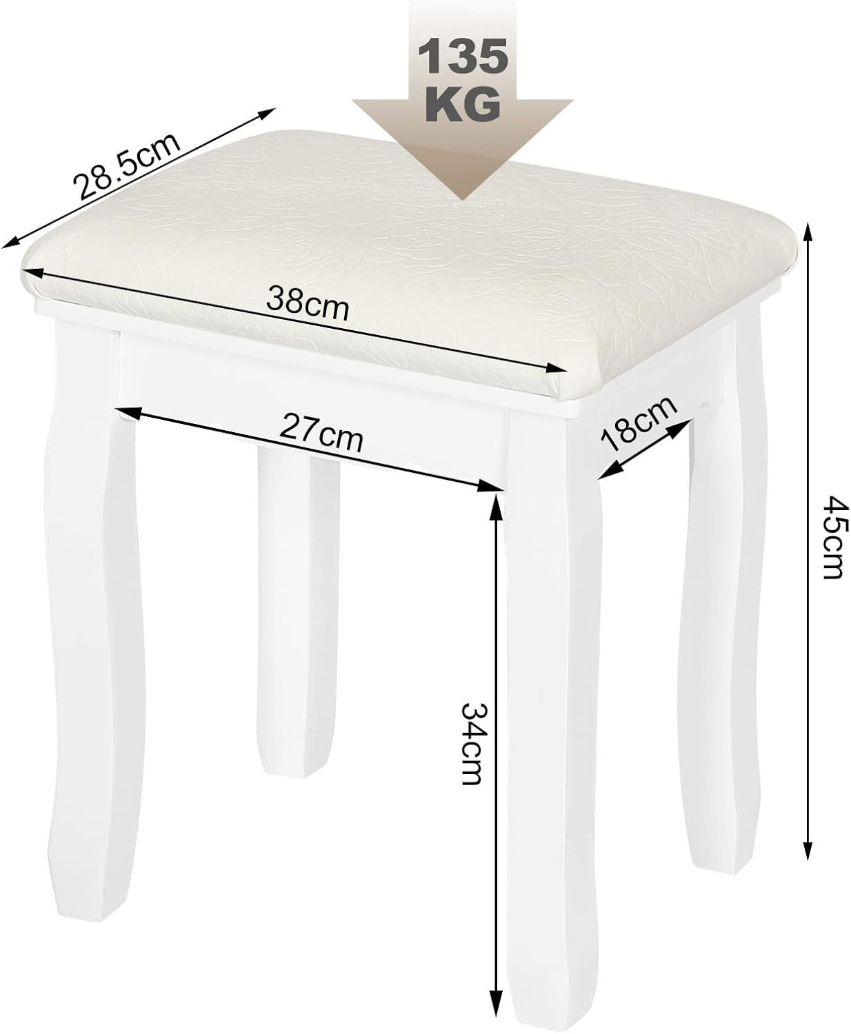 White Padded Vanity Stool Baroque Makeup Chair Pinewood Legs Elegant Seat