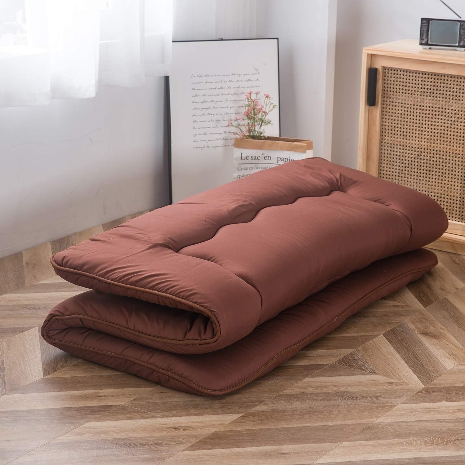 Coffee Foldable Futon Mattress | Thick Quilted Floor Sleeping Pad, Portable