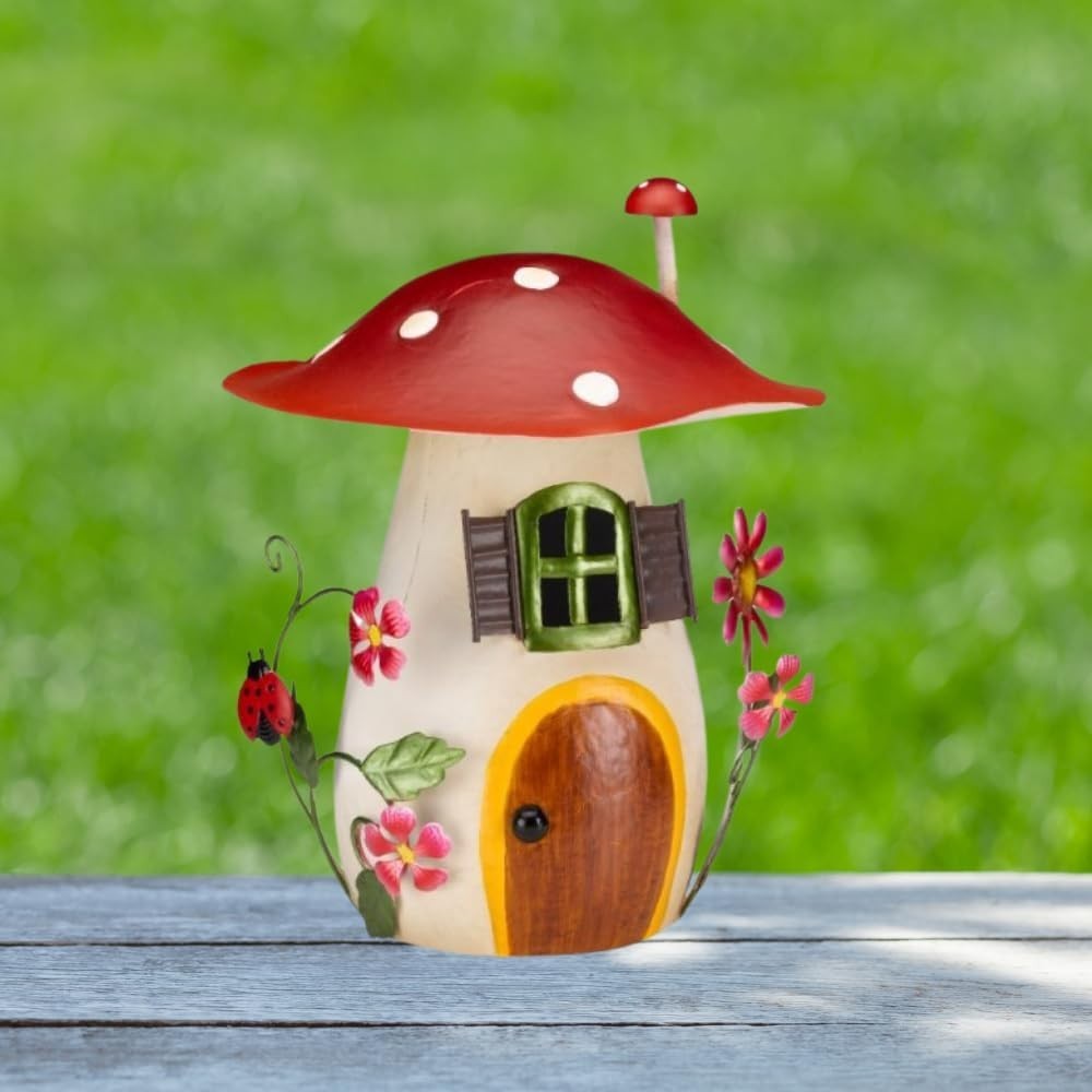 Mushroom Fairy House Garden Ornament Metal Hand-Painted Weatherproof 29cm Decor