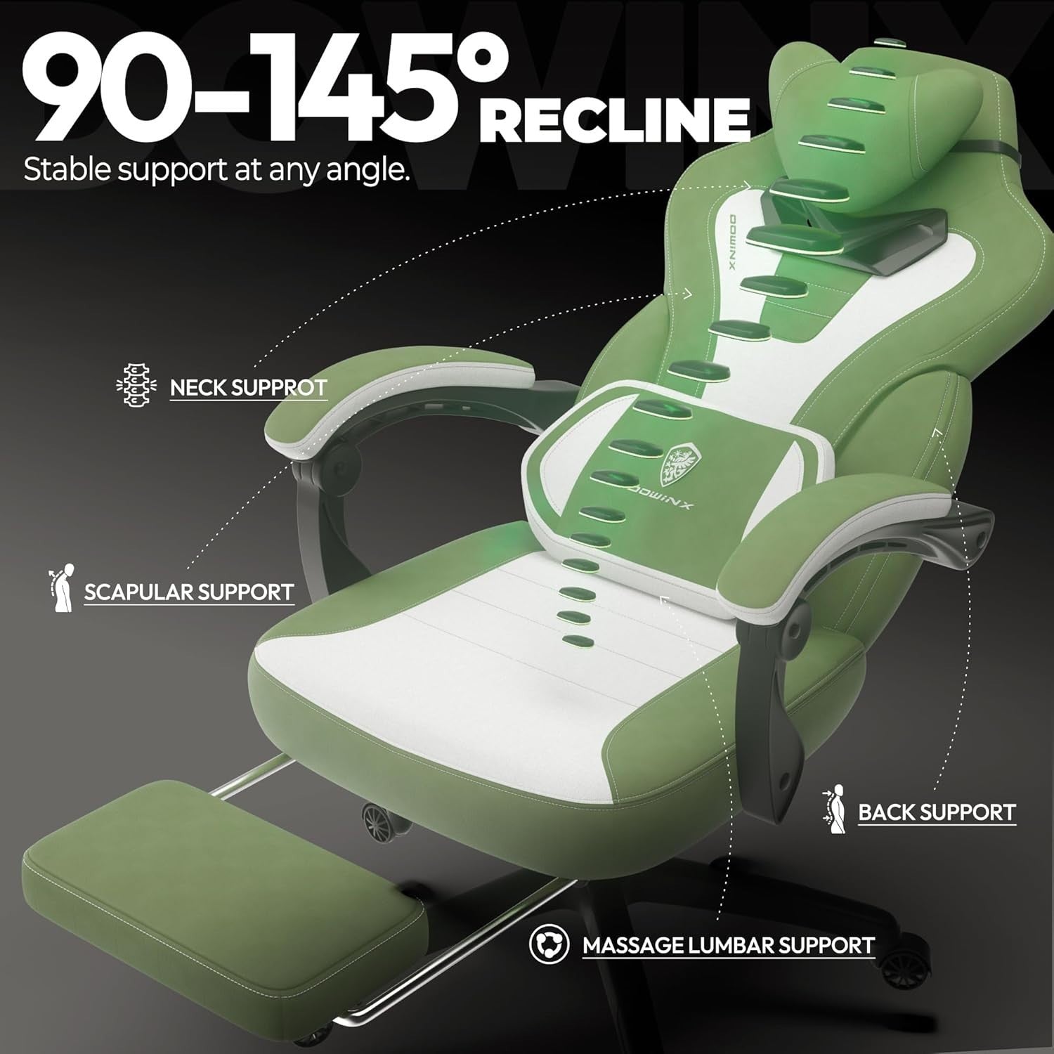 Gaming Chair Recliner w/ Massage, Footrest, Fabric, Pocket Spring Green White