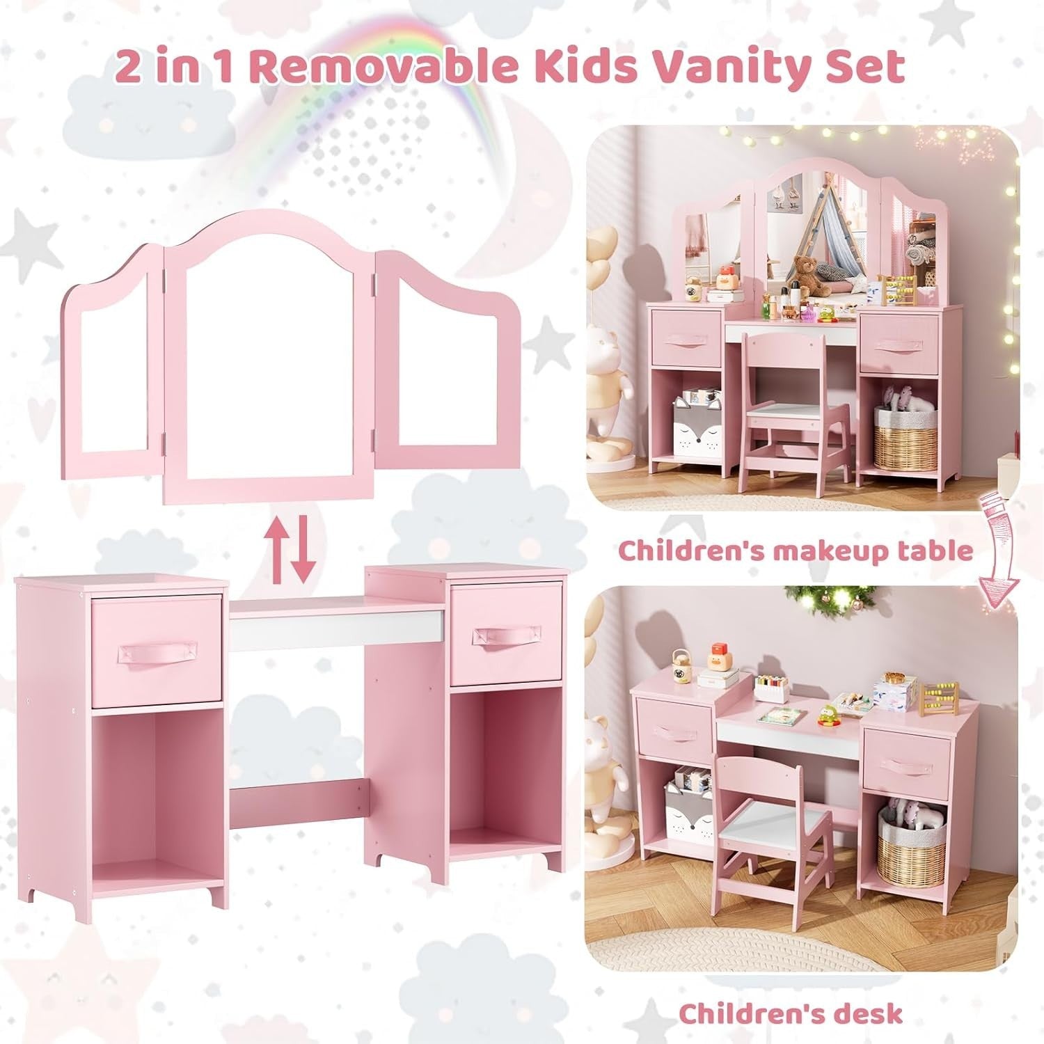 Kids Vanity Dressing Table Set with Tri-Fold Mirror, Stool & Storage Pink