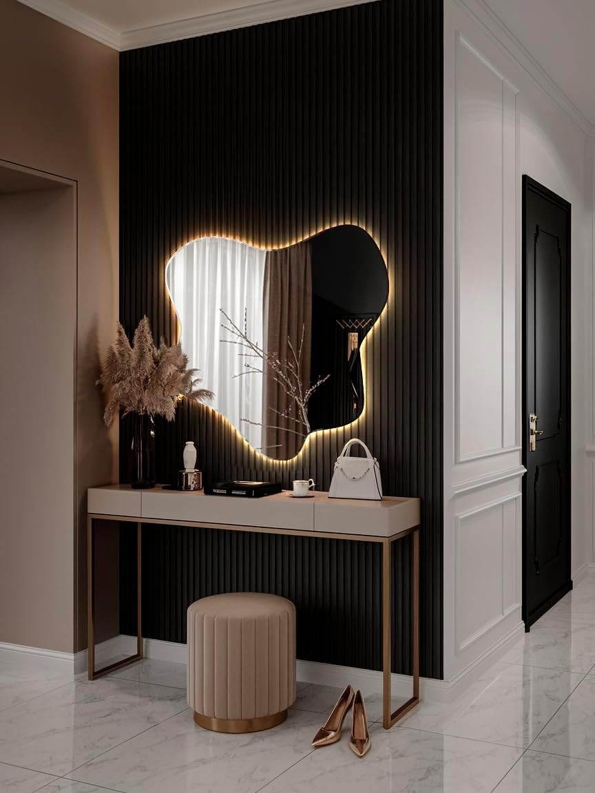 LED Illuminated Wavy Wall Mirror 77x76 cm Warm Light Modern Decor