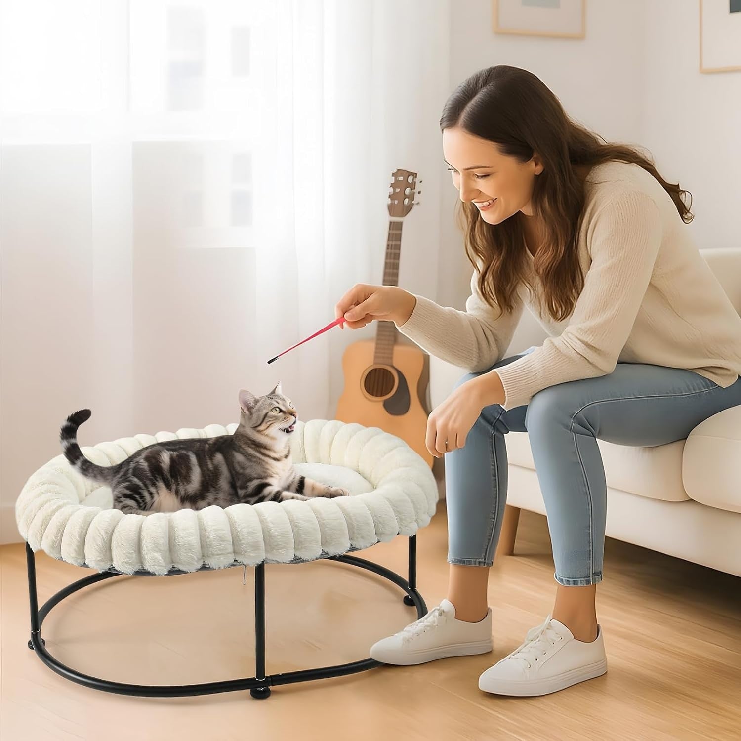 Raised Cat Bed Hammock Elevated Pet Sofa Metal Frame Washable Cushion