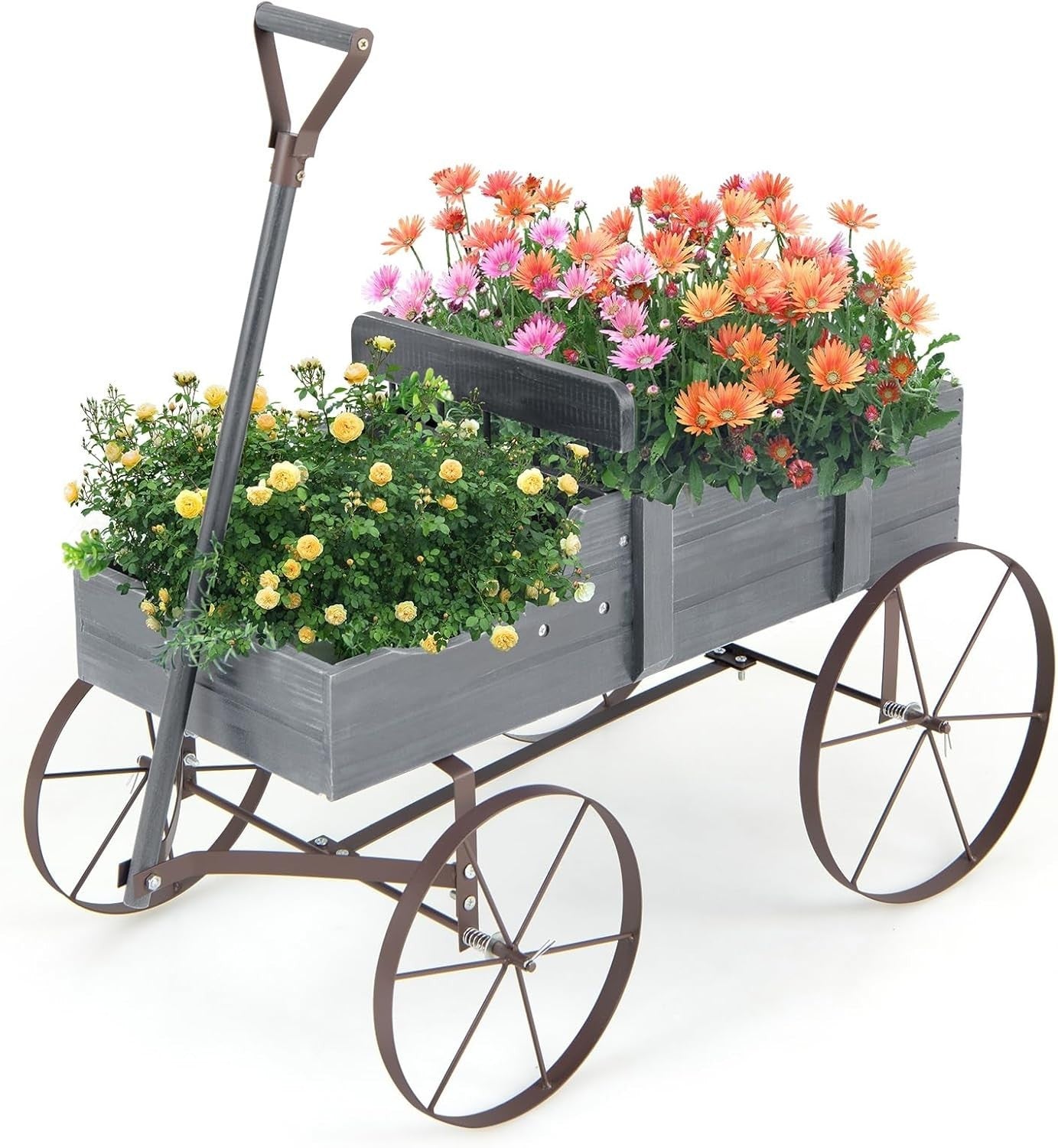 Decorative Wooden Garden Wagon Planter Cart with Wheels Rotatable Handle Grey