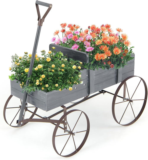Decorative Wooden Garden Wagon Planter Cart with Wheels Rotatable Handle Grey