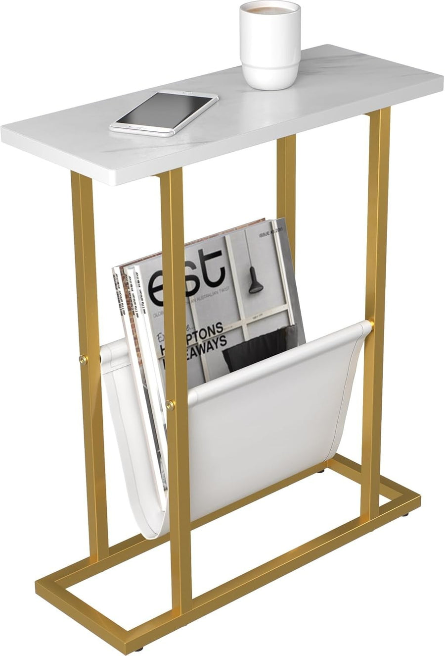 Slim Gold Side Table with Storage Bag – Narrow End Table for Sofa/Bed