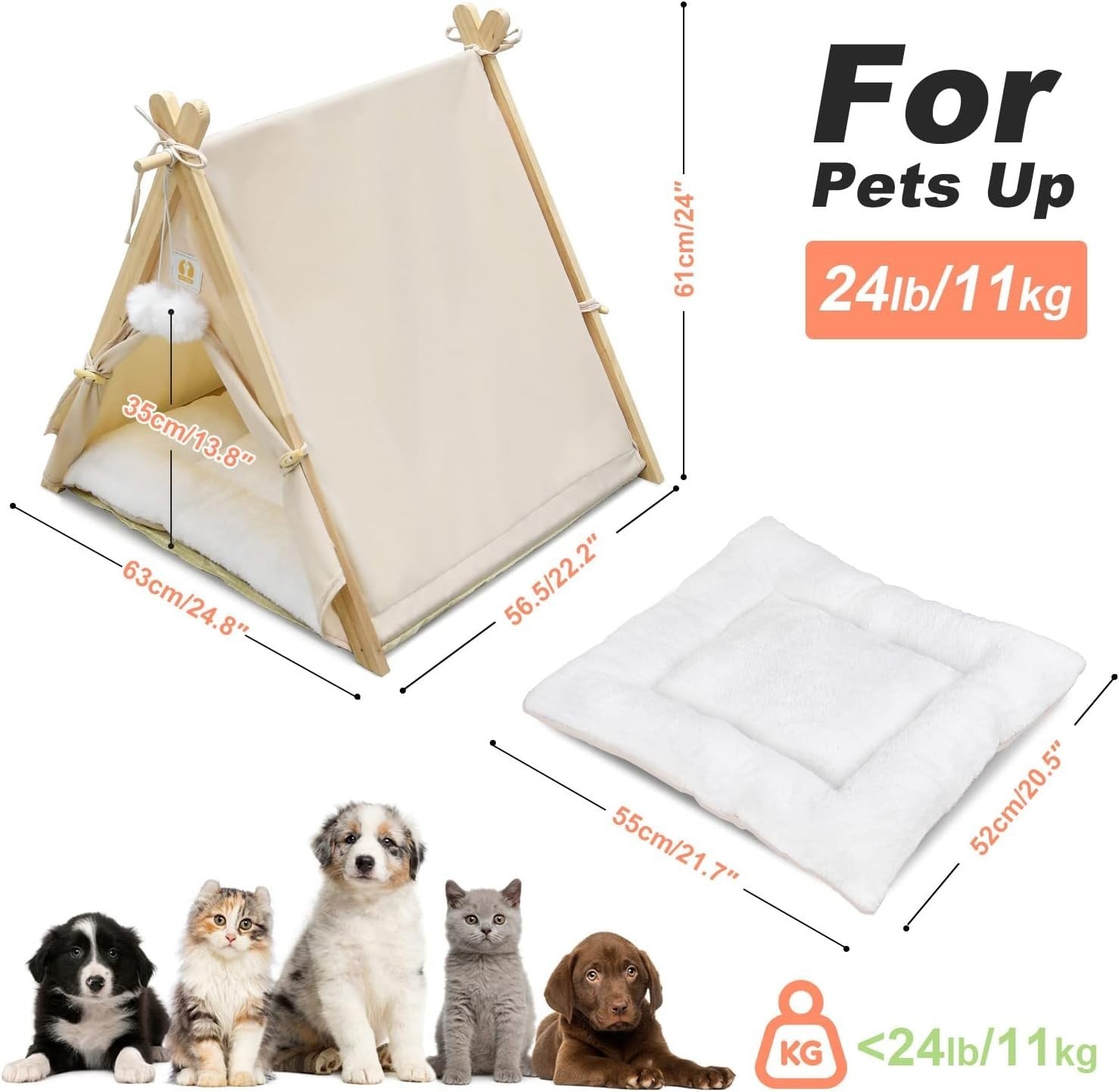 Wooden Pet Teepee Tent Cat Dog House w Cushion Indoor Shelter Beige