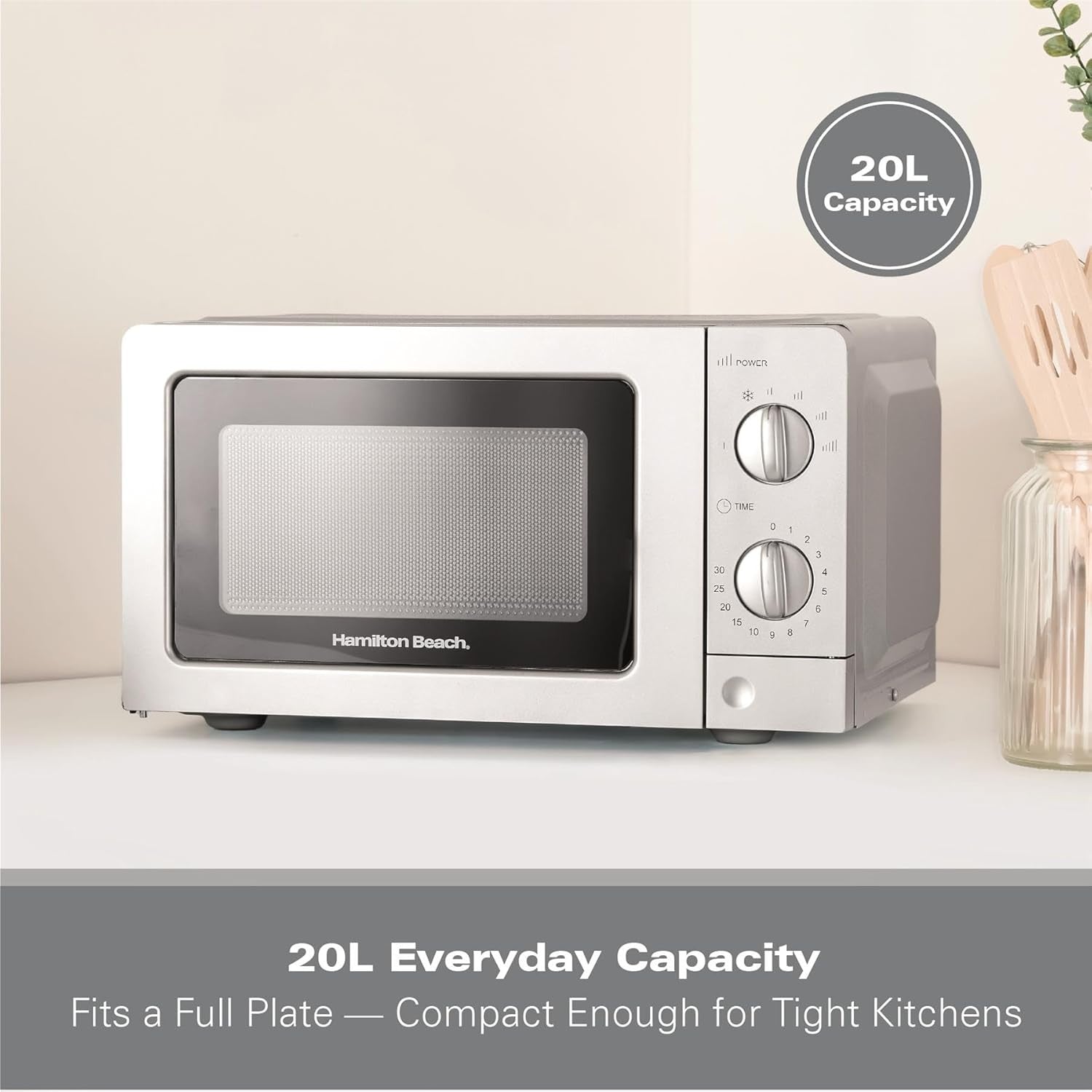 Hamilton Beach 20L Microwave 700W Silver, Manual Controls, 6 Power Levels