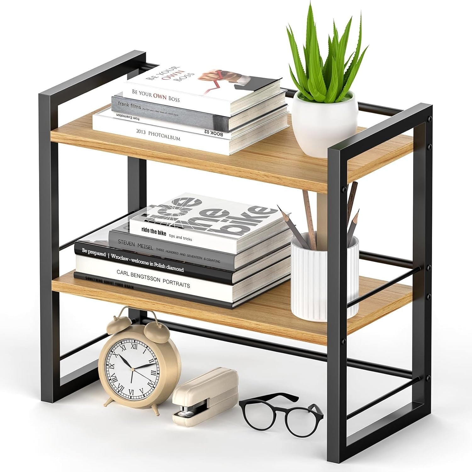 Wood Desk Shelf Organizer 2 Tier Desktop Storage Rack for Office Home Black
