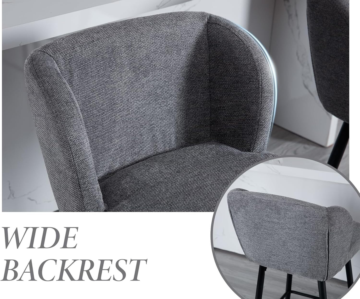 Grey Linen Bar Stool Set 2 – Upholstered High Counter Kitchen Chairs