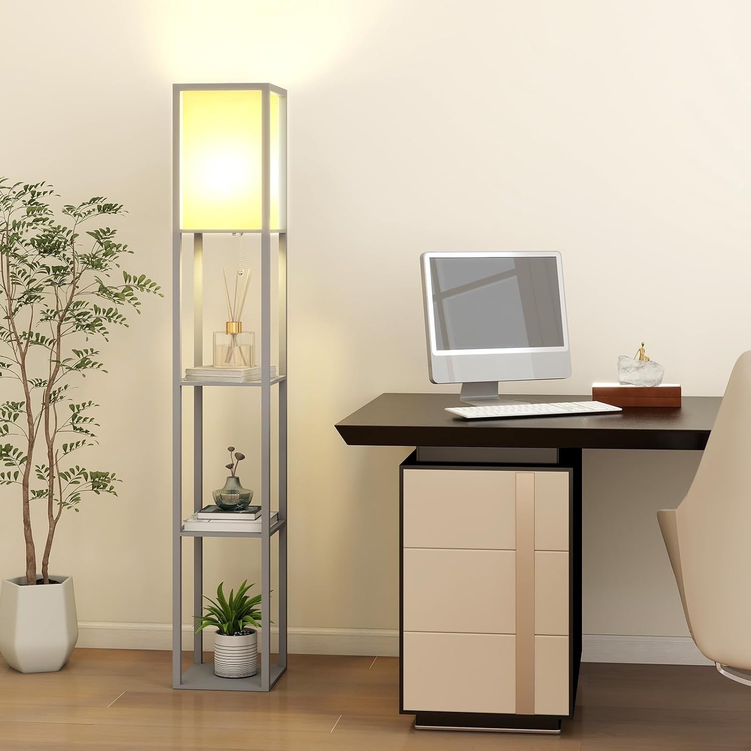 LED Floor Lamp with Shelves Storage Standing Light Dimmable E27 Modern Grey