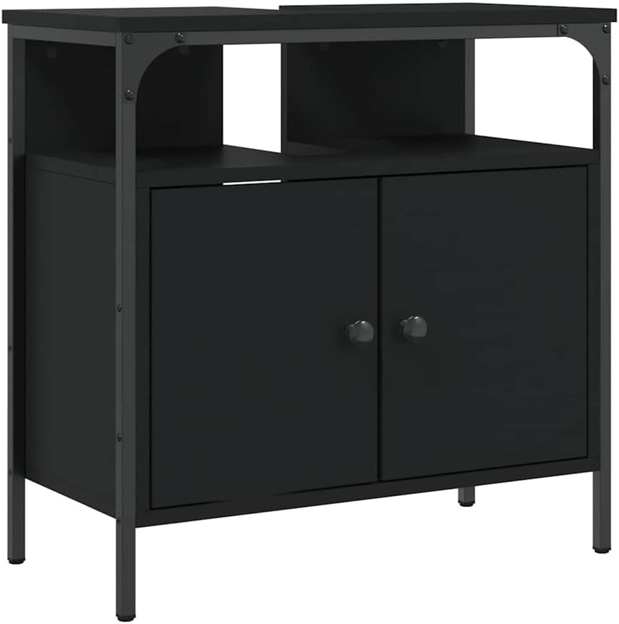 Black Under Sink Bathroom Cabinet 2 Door Vanity Storage Unit with Open Shelf