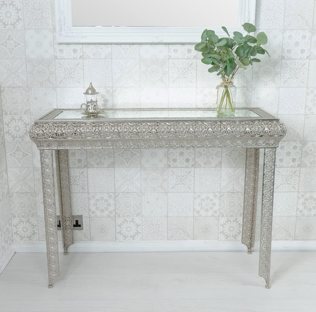 Moroccan Silver Embossed Metal Console Table with Glass Top 33Dx102Wx75H cm