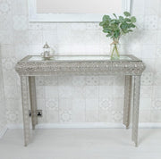 Moroccan Silver Embossed Metal Console Table with Glass Top 33Dx102Wx75H cm