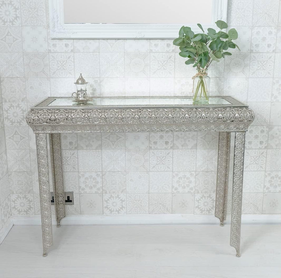 Moroccan Silver Embossed Metal Console Table with Glass Top 33Dx102Wx75H cm