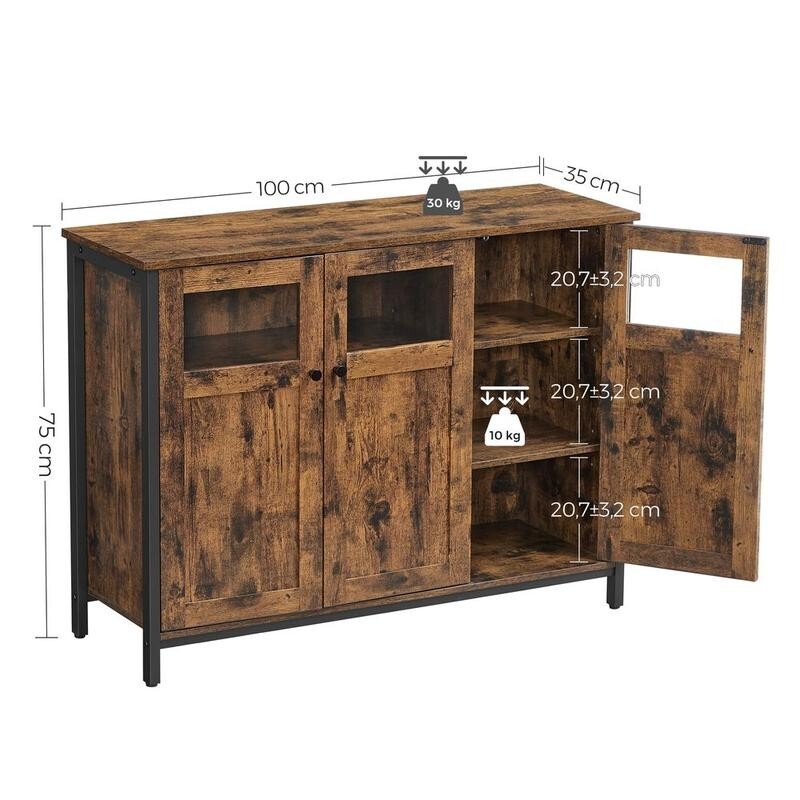 Rustic Sideboard Storage Cabinet with Glass Doors Industrial Buffet Unit