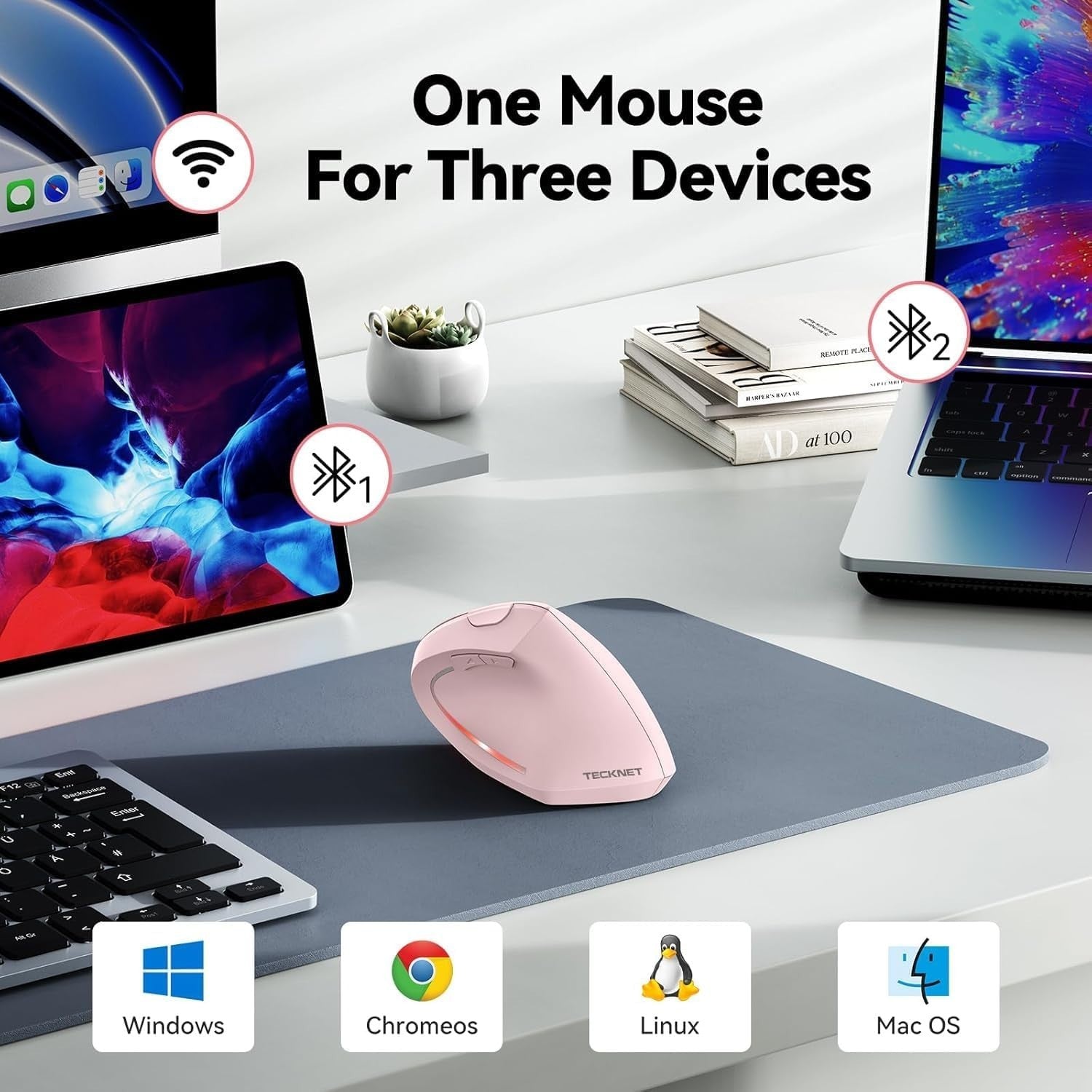 Vertical Ergonomic Wireless Mouse 4800 DPI Silent 6 Button Pink