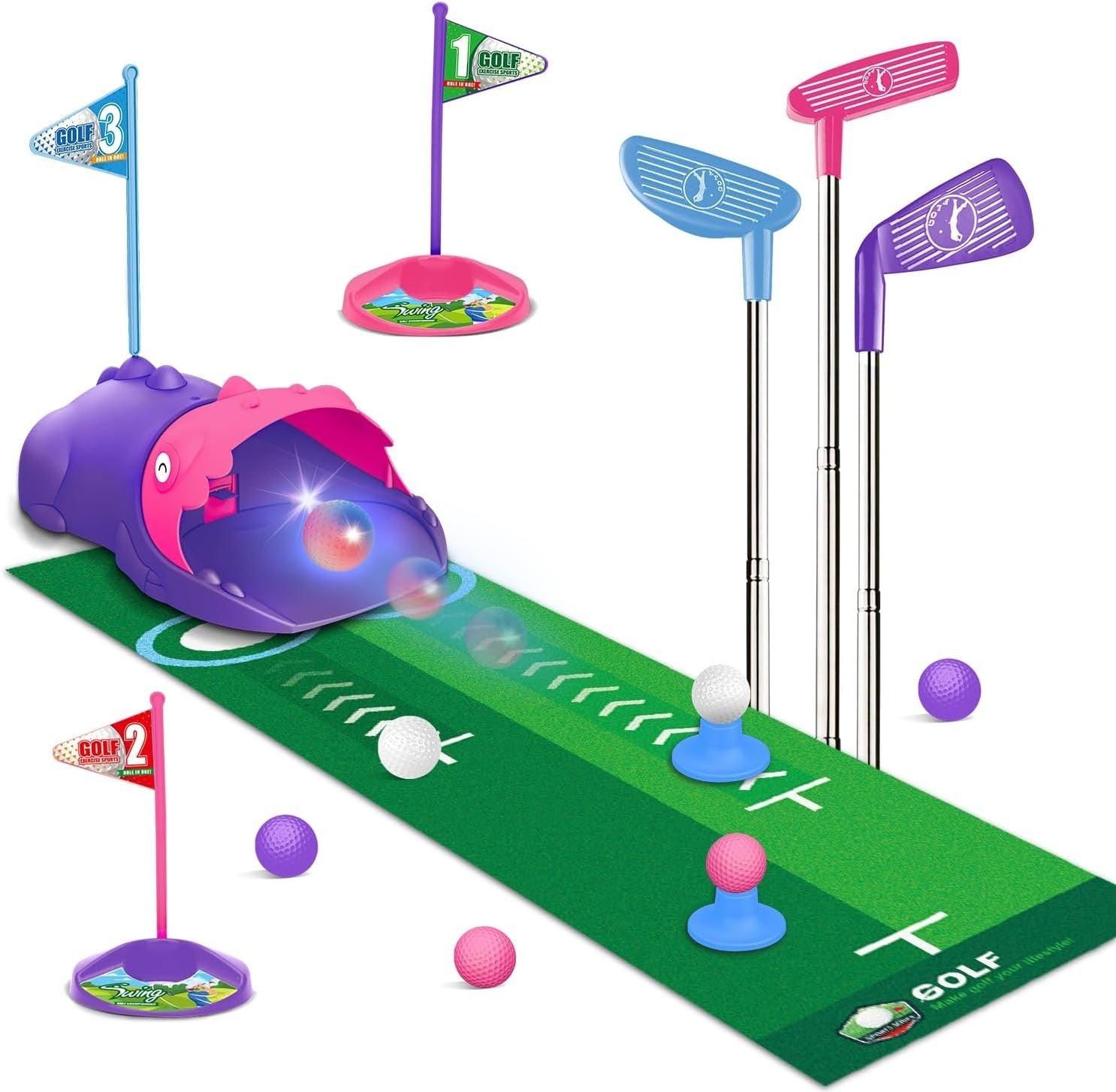 Kids Golf Set Dinosaur Auto Ball Return LED Balls Putting Mat Pink 26”