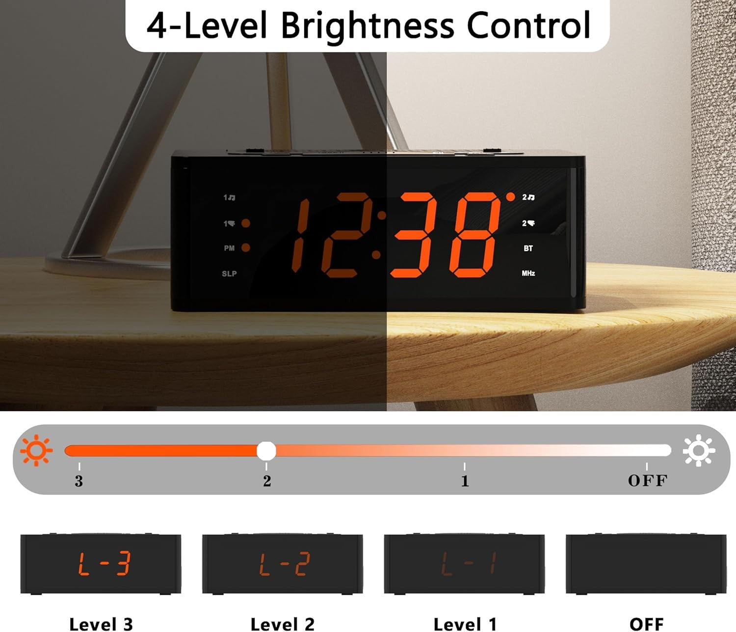 Digital Alarm Clock FM Radio Bluetooth Dimmable LED Dual Alarm