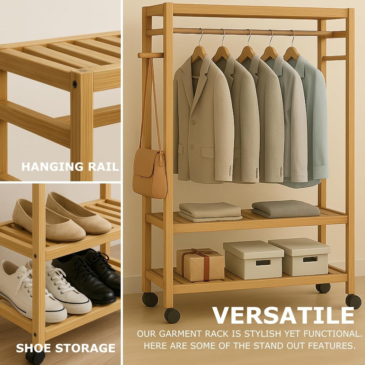 Bamboo Clothes Rack with Wheels & Shelves – Natural