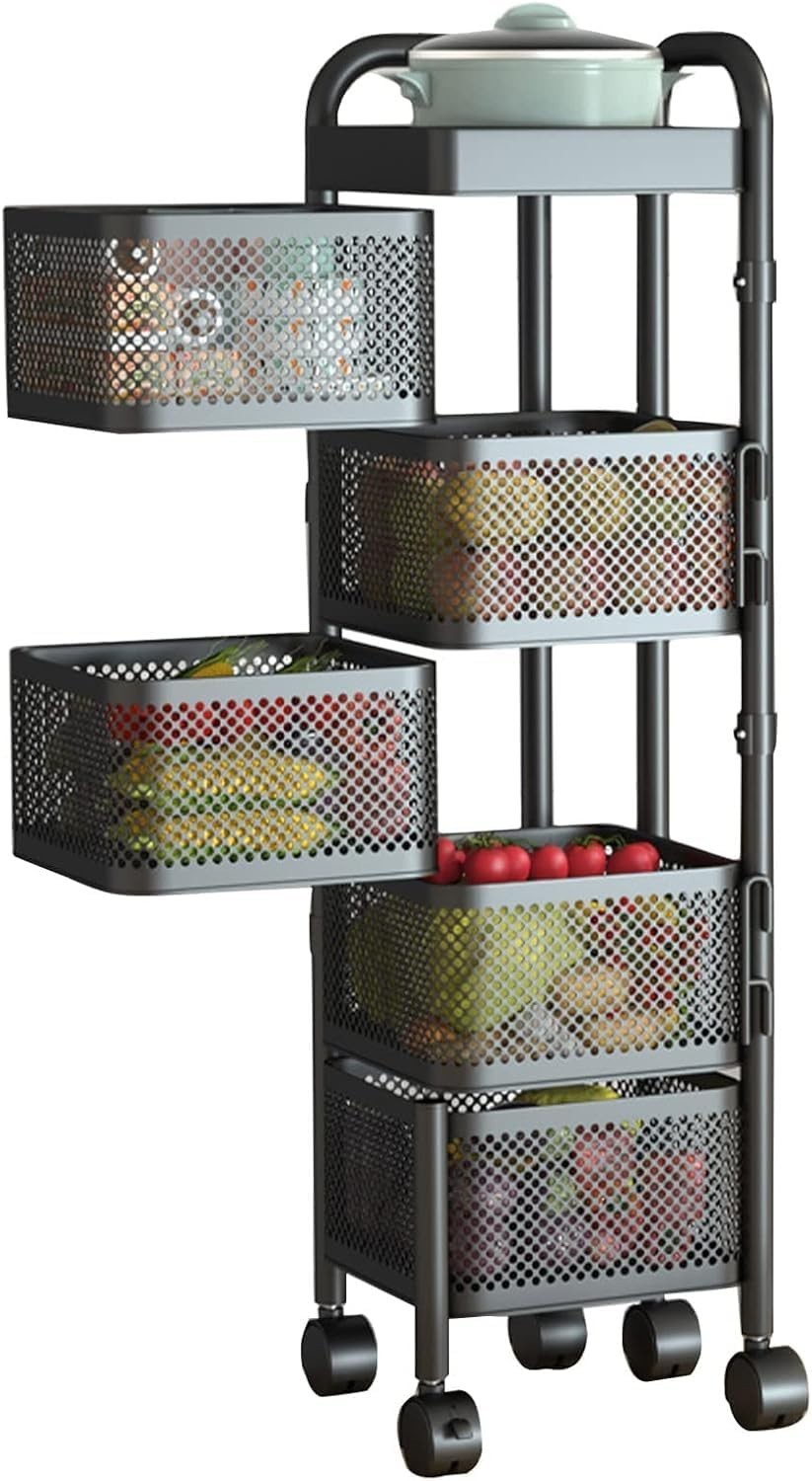 5 Tier Rolling Fruit Vegetable Storage Basket Metal Kitchen Trolley