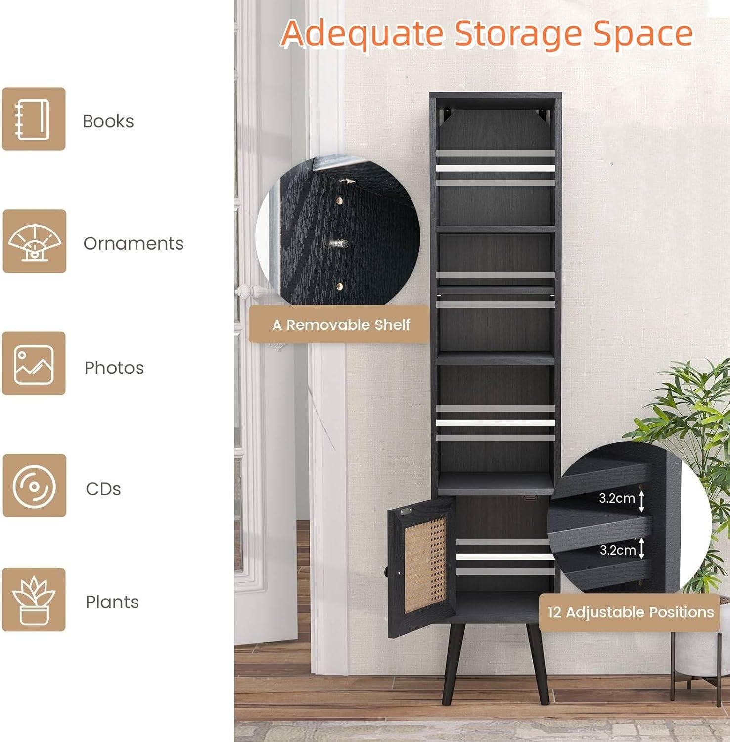 Slim Tall 6-Tier Bookcase with Cabinet Modern Black Storage Shelf Unit